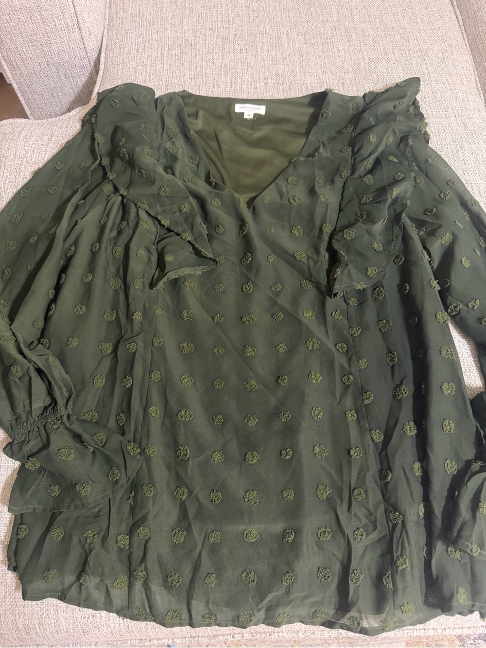 Chic Soul Olive Green Ruffle Blouse 2X Plus Size Swiss Dot V Neck - Picture 3 of 11